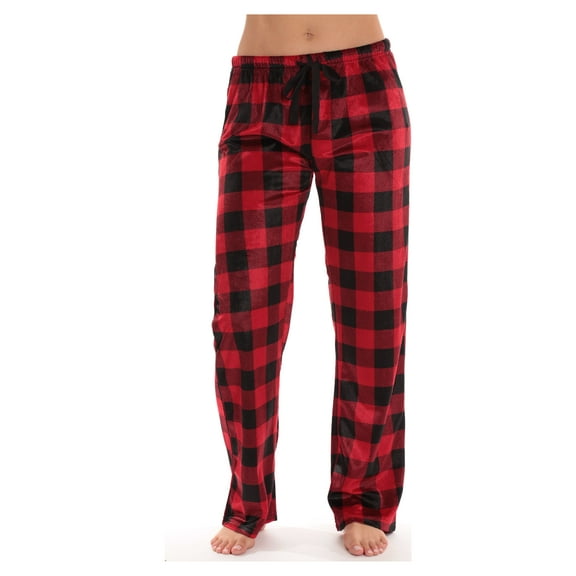 #followme Silky Fleece Buffalo Plaid Pajama Pants for Women (Red Buffalo Plaid, Large)