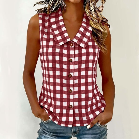 Sokhug Sleeveless Collar Gingham Plaid Vests for Women Button Front Curved Hem Casual Summer Ladies Check Tank Waistcoat Tops S-XXL