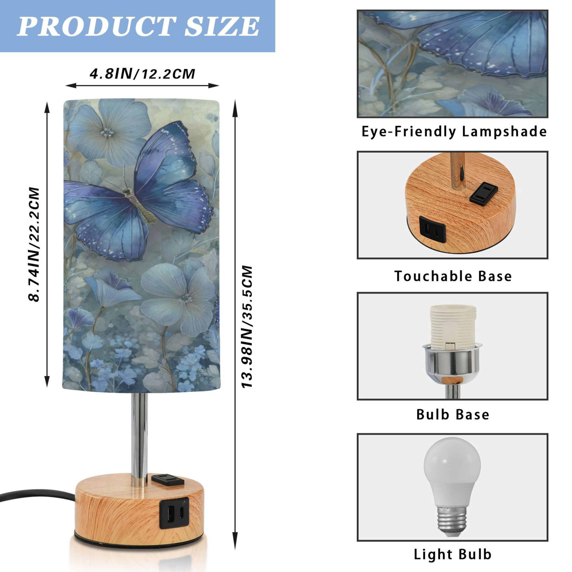Wobogo Butterfly Floral Bedside Lamp Touch Control Table Lamp with USB A+C Charging Ports & AC Outlet 3-Way Dimmable Nightstand Lamp with Linen Fabric Shade for Bedroom Living Room