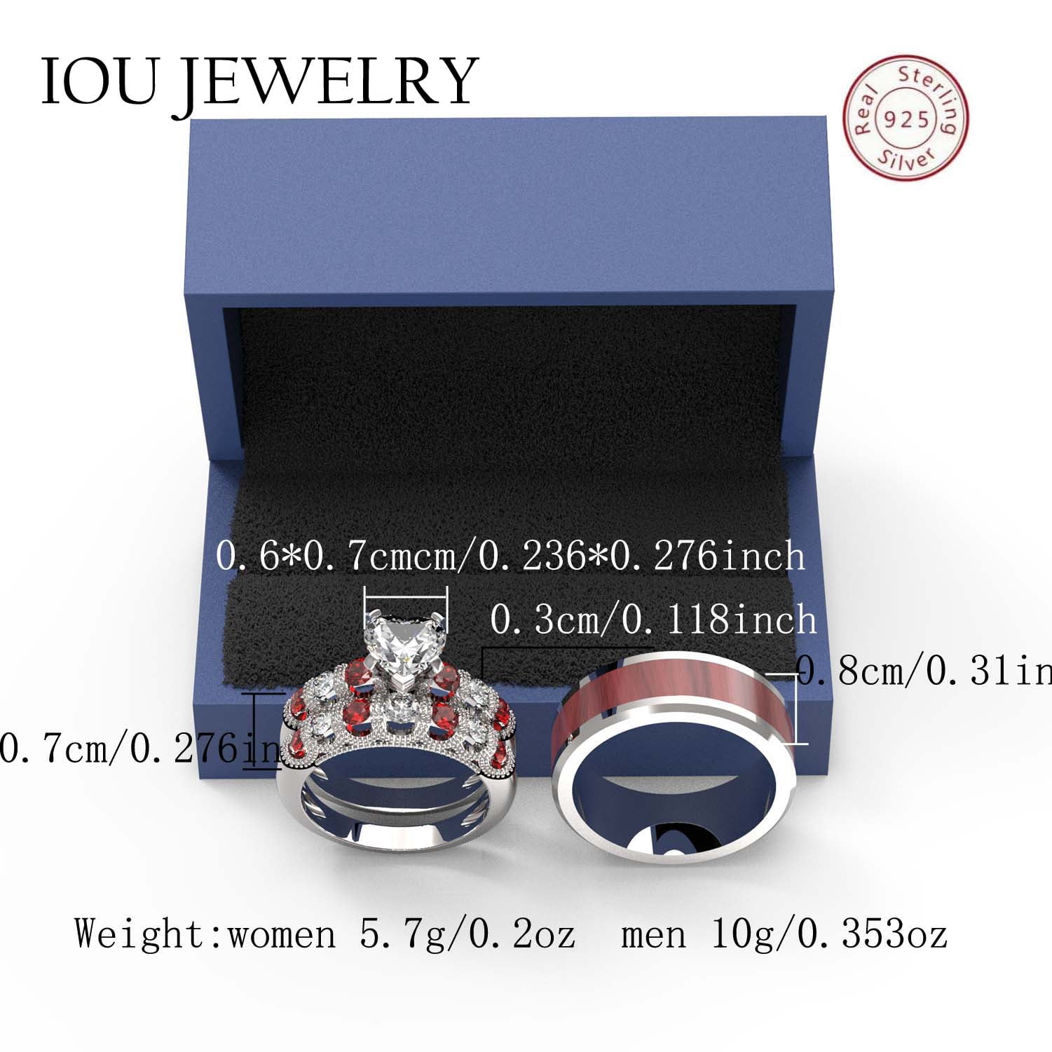 3pc Couples Wedding Ring Sets His And Hers Women Sterling Silver Moissanite and men Wedding Bands Together With Ring Gift Jewelry Box