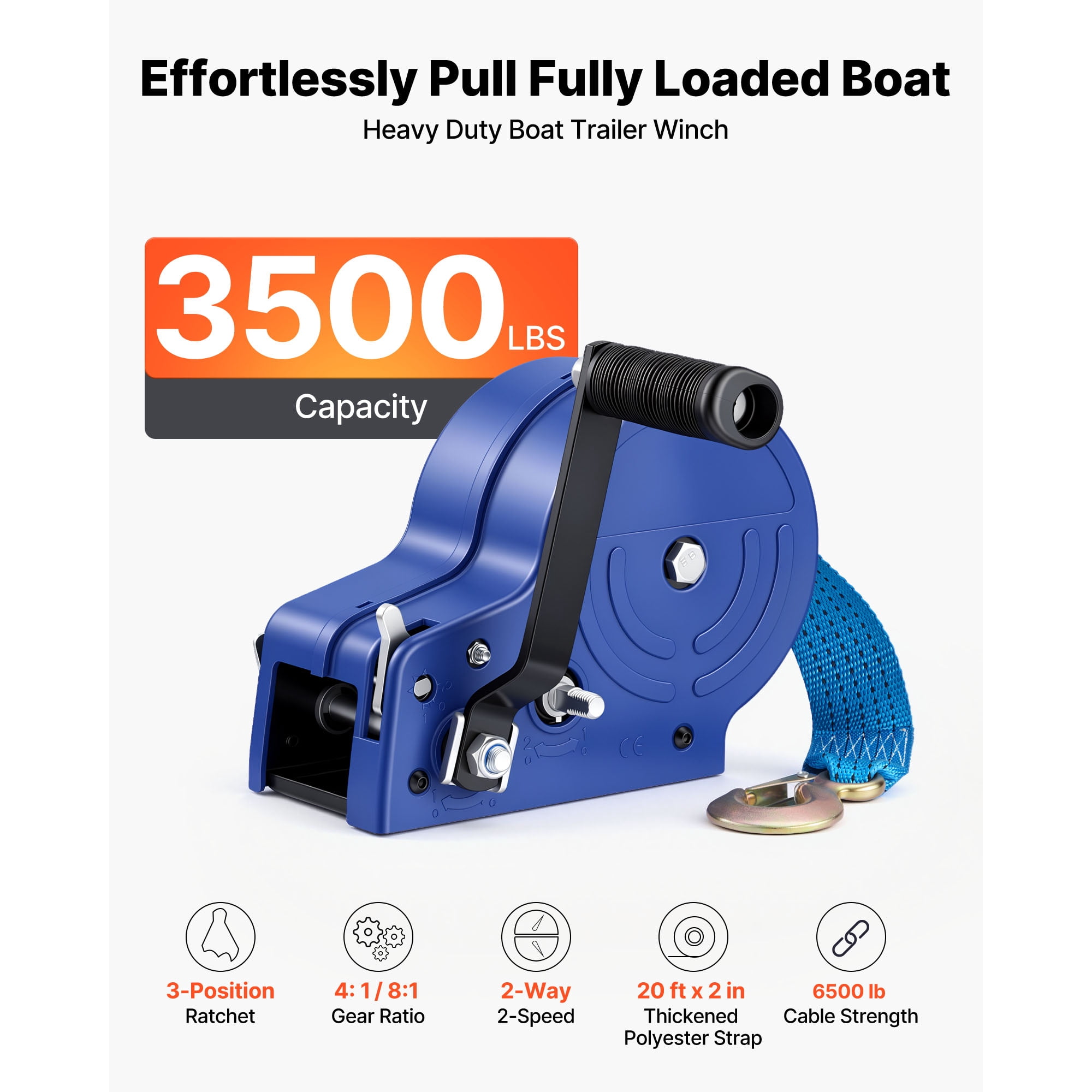 KFFKFF 3500 lbs Manual Boat Winch with 20ft Gray-Black Polyester Strap, Durable Two-Way Ratchet and Anti-Slip Handle for Towing Boats and ATVs