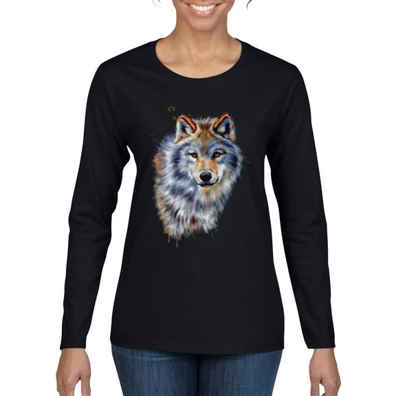 Wolf Oil Painting Animal Lover Womens Graphic Long Sleeve T-Shirt, Black, Small
