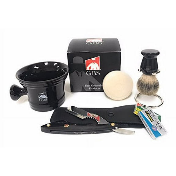 Men's Shaving Set with Custom Heavy Duty Faux Horn Barber Shavette - Badger Brush, Stand, Mug, Soap, Leather Case, 10 Blades