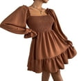 thumbnail image 2 of Femmes Mini A-Ligne Robe Sexy Manches Longues Col Carré Volants Smoked Robes Unies Abricot XL, 2 of 5