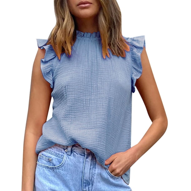 Moda mujer sólido volante sin mangas cuello alto chaleco suelto Casual camisetas sin mangas Fridja czfsfas3992