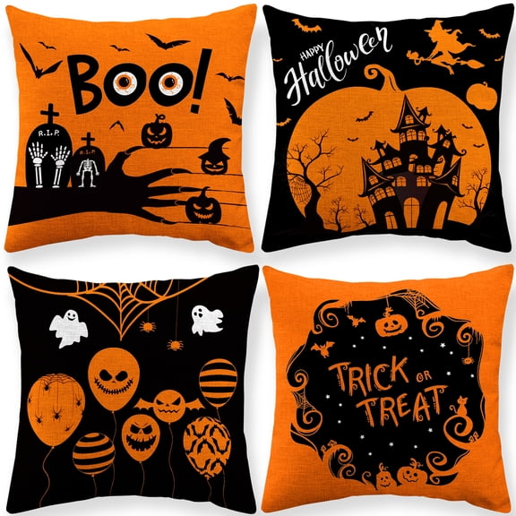 Naler Vintage Halloween Decorations-Throw Pillow Covers 18'' x 18'' Set of 4,Retro Boo Pillow Case with Pumpkins for Couch Fall Holiday Outdoor Burnt