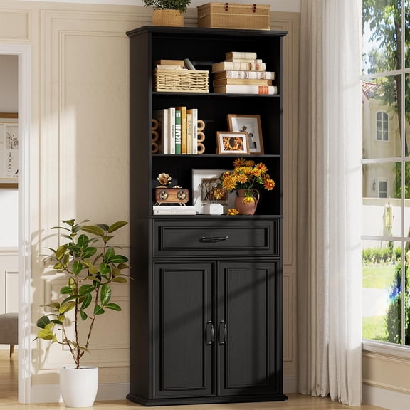 Cyclysio 80" Tall Bookcase, Farmhouse Bookshelves with Drawer and Doors, Floor Standing 6 Shelf Display Storage Cabinet for Home Office, Living Room (1, Black)