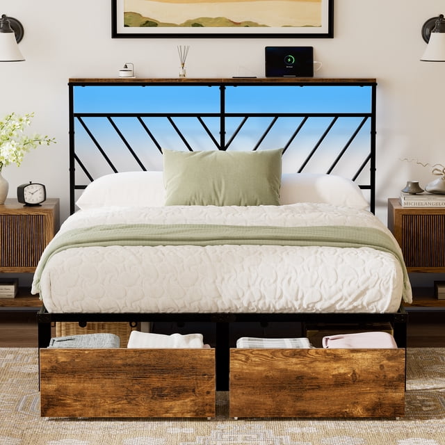 Base De Cama Matrimonial 2 Cajones Luz Led Puertos C Y Usb