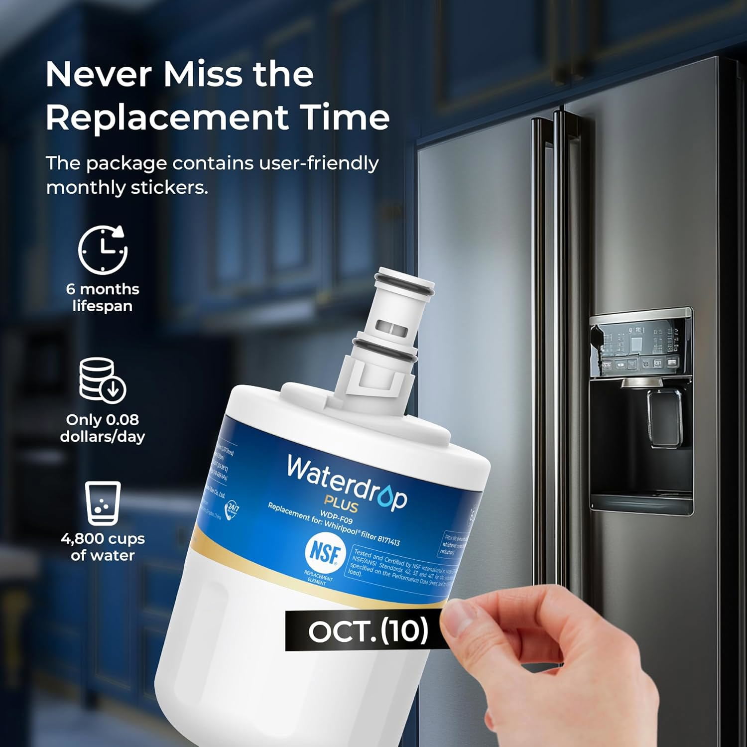 Waterdrop Plus 8171413 Refrigerator Water Filter, Replacement for Whirlpool® 8171413, EDR8D1, Kenmore® 46-9002, NLCS200, NSF 401&53&42 Certified, Reduce PFAS, Pack of 2