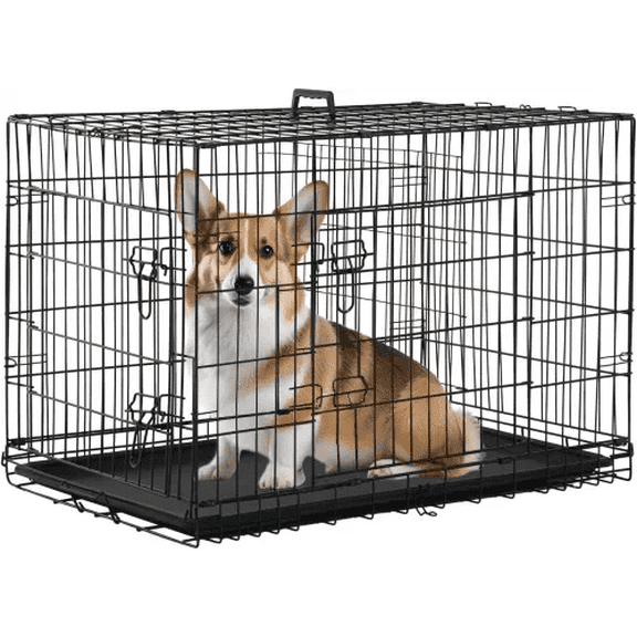 BORGEBY 30 Inch Dog Crate Kennel, Double-Door Folding Metal Dog Cage for Outdoor and Indoor, Portable with Plastic Leak-Proof Pan Tray，Black