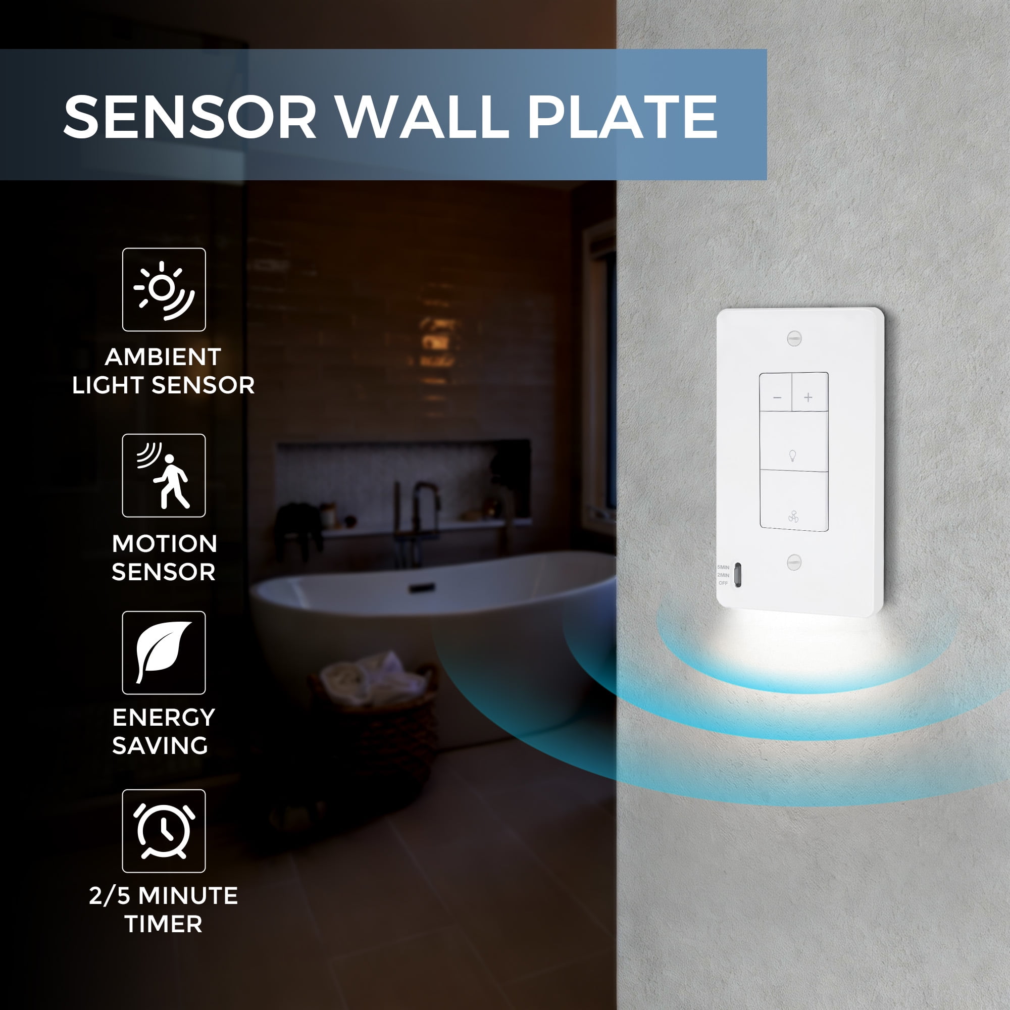 Akicon Dimmer Switch with Night Light Radar Sensor Plate for Bathroom Exhaust Fan, UL Listed, White
