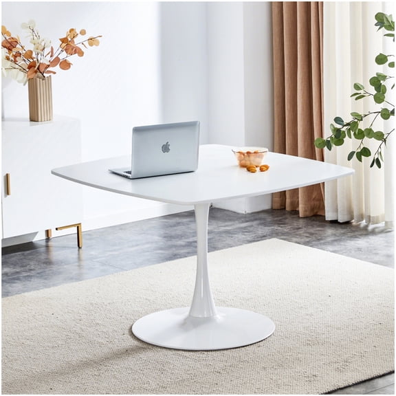 Round Pedestal Dining Table 42 Inch, White Modern Kitchen Table with Metal Legs, Convertible Coffee Table & Desk for Small Spaces