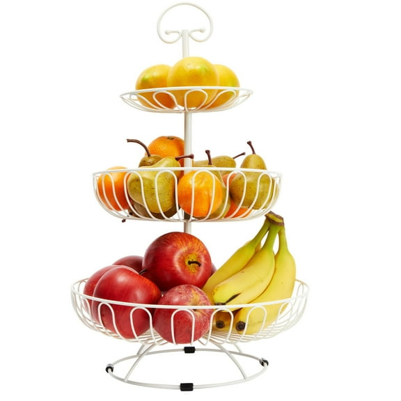 White 3-Tiered Fruit Basket for Kitchen Countertop - Metal Large Fruit Bowl Stand for Produce, Vegetables, Organization, Storage Rack (18 In)