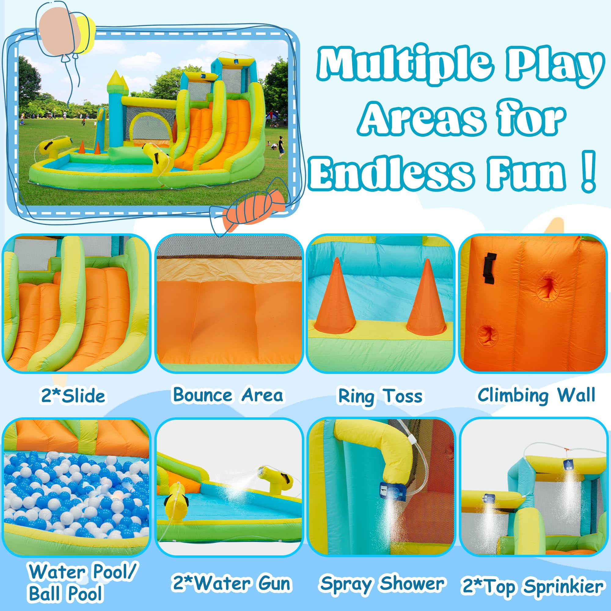 Inflatable Water Slide,10 in 1 Water Park Bounce House for Kids 3-12 with Blower,Splash Pool, 2 Slides, Water Cannon, Climbing Wall,Blow up Water Slides for Kids Outdoor Backyard