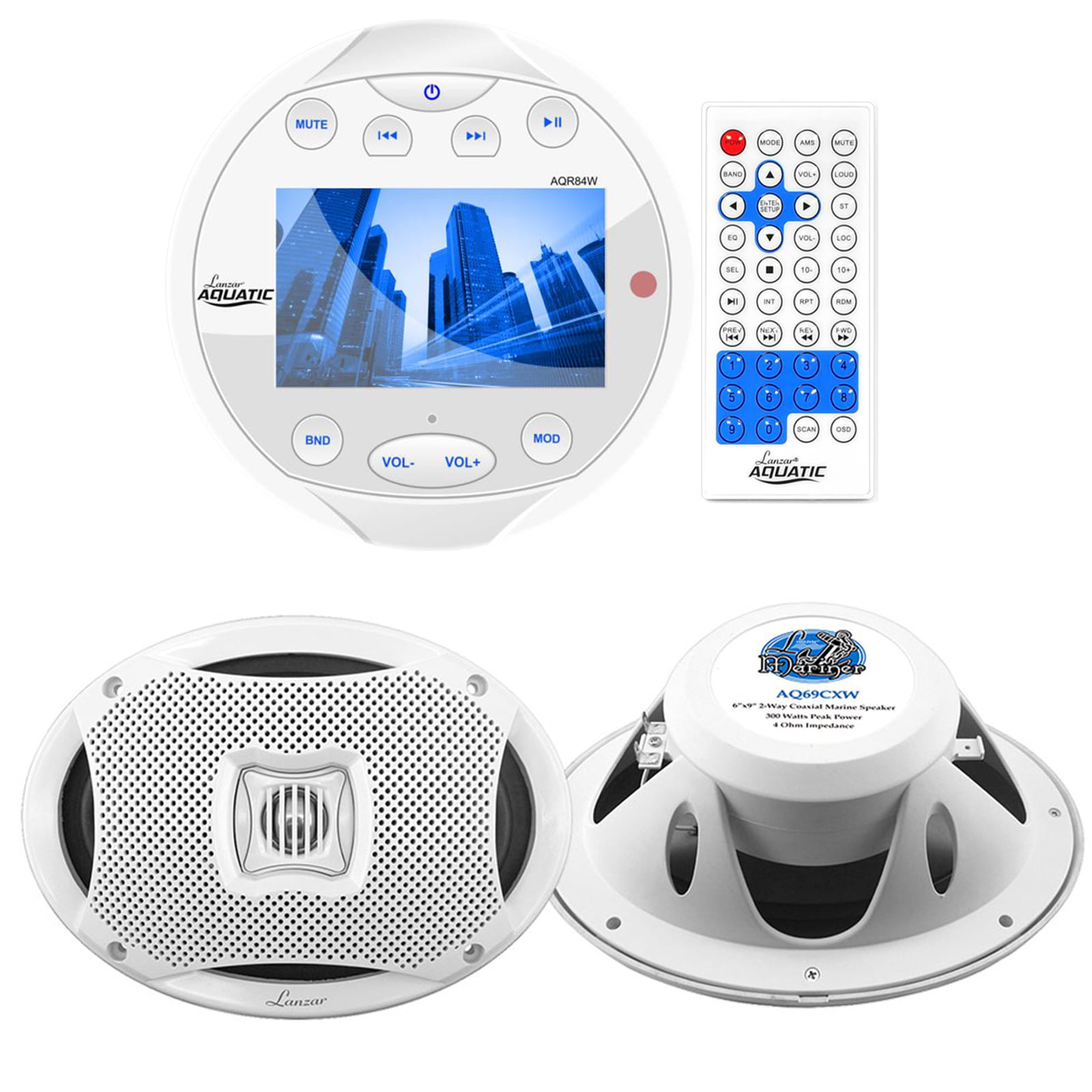 5.25"100W Speakers Lanzar White AM FM Bluetooth Mp3 Round Radio Marine Antenna 