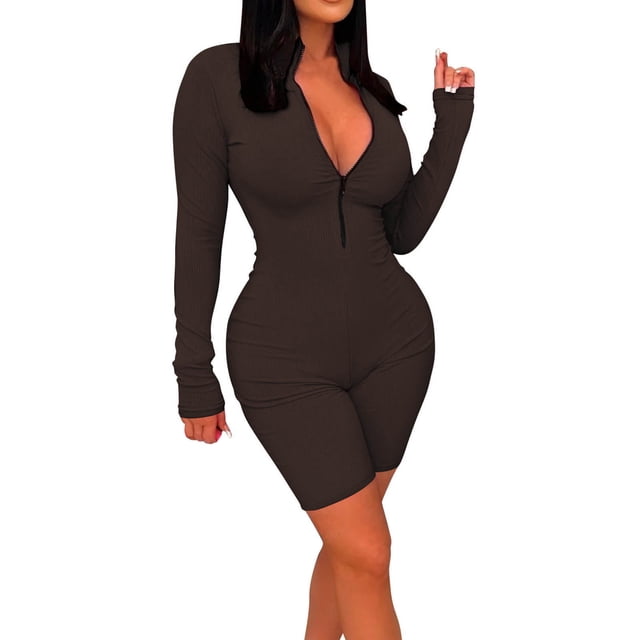 Snoarin Summer Plus Size Capris for Women Plus Size Women's Ribbed Jumpsuits Ribbed Workout Rompers Long Sleeve Exercise Zipper Jumpsuit Trousers for Women on Clearance