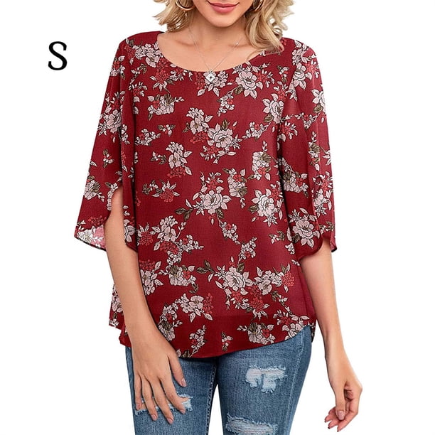 Qarigey Camisa de mujer Estampado de media manga Top Camisa de mujer Estampado de medio cuello Blusa informal Prendas para la parte del cuerpo flor blanca roja S
