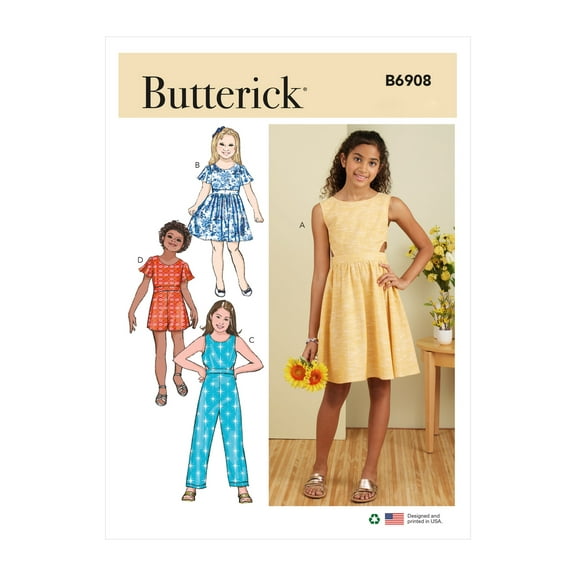 Butterick Sewing Pattern 6908 - Girls' Dress, Jumpsuit and Romper, Size: A 7-8-10-12-14)
