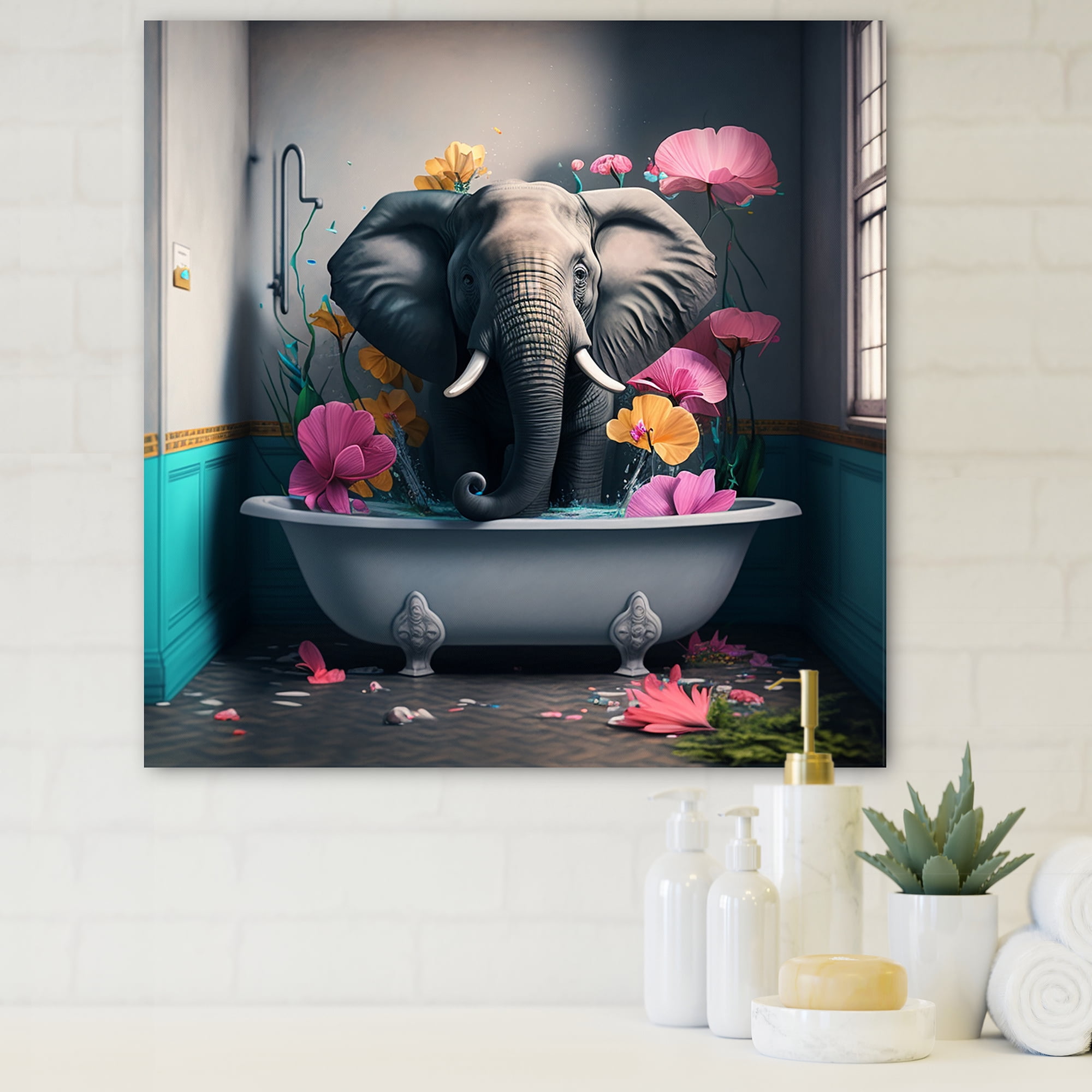 Designart Elephant In The Bath Canvas Wall Art