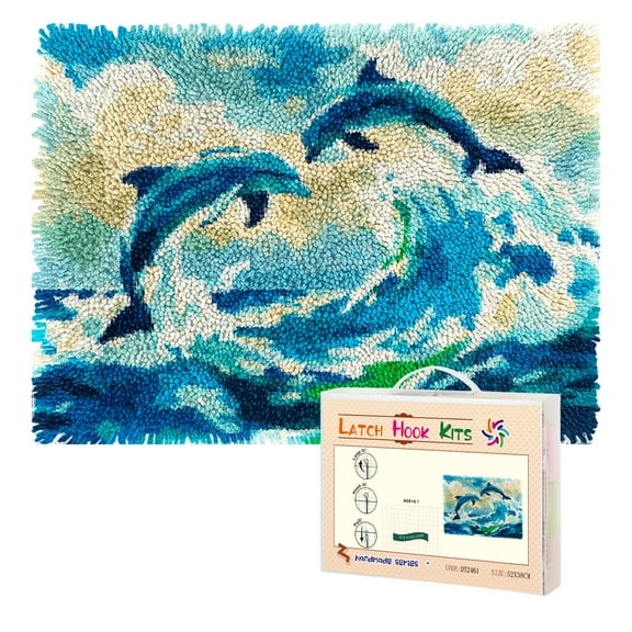 Latch Hook Rug Kit Dolphins Leaping Out of Ocean Pre-Printed Handmade Carpet Crochet Yarn Craft DIY Hook and Latch Door Mat Tapestry for Home Floor Decoration 52x38cm-2