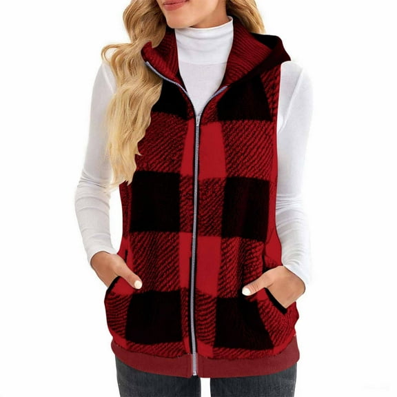 Htigea Women's Fleece Vest Trendy Plaid Sleeveless Jackets Casual Zip Up Hooded Coat Soft Comfy Loungewear Outerwear Red S