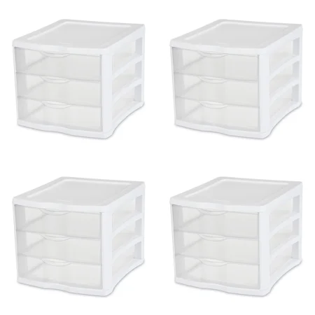 Sterilite 3 Drawer Unit Plastic, White, Set of 4