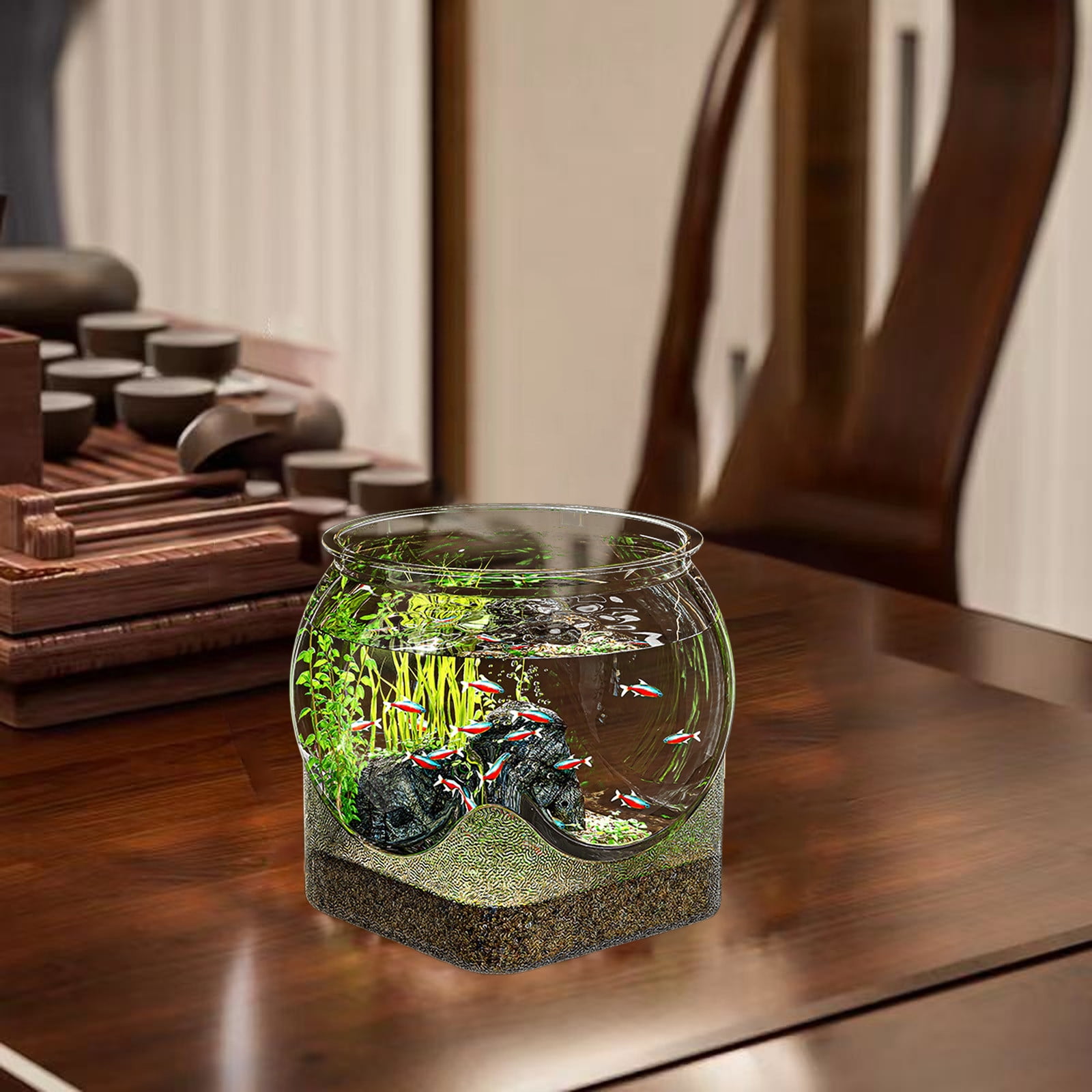 Ke1Clo Transparent Desktop Fish Tank, Small Aquarium Bowl Wear Resistant Drop Resistant, Plastic Betta Habitat for Home Office Desk 7.48x7.48x6.53in