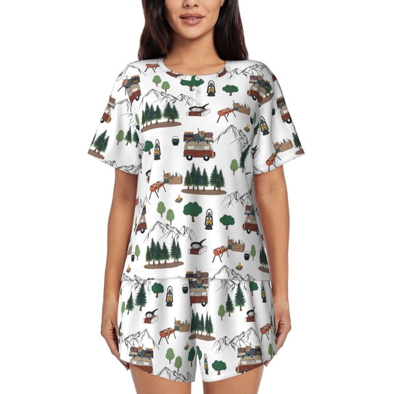 Kdxio Camping Caravan 2 Print Pajamas Sets for Women Short-Sleeved Pjs with Lounge Shorts Two Piece Sleepwear S-4XL