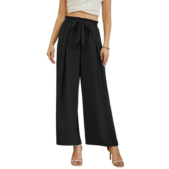 Uvplove Women High Waisted Palazzo Pants Wide Leg Casual Flowy Tie Knot Trousers with Pockets black-l