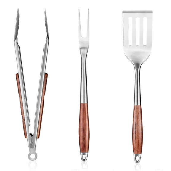 Heavy Duty Stainless Steel BBQ Tool Set 3 Piece Grill Spatula Fork Tongs with Rosewood Handles Heat Rust Resistant for Outdoor Grilling Camping Backyard Barbecue