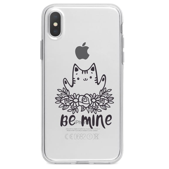 DistinctInk Clear Shockproof Hybrid Case for iPhone XR (6.1" Screen) - TPU Bumper Acrylic Back Tempered Glass Screen Protector - Valentine Cat - Be Mine Flowers
