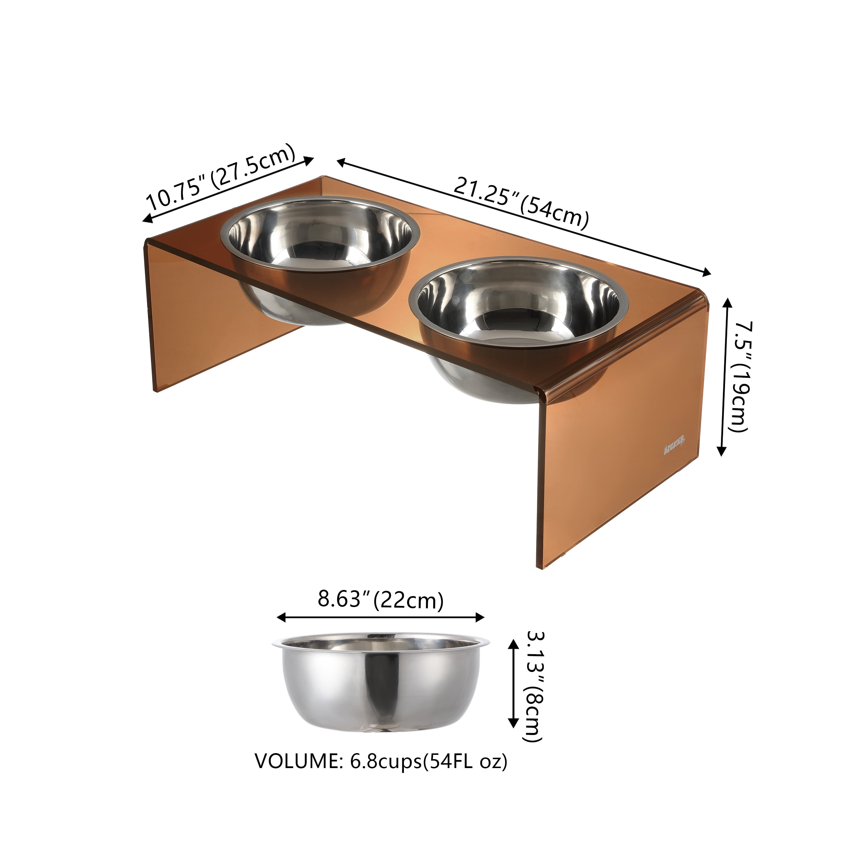 THE LICKER STORE Keaton 7.5" Medium/Large Modern Acrylic Rectangular Elevated Pet Feeder with 54oz 2-Stainless Steel Bowls, Amber/Chrome, DBL2001D