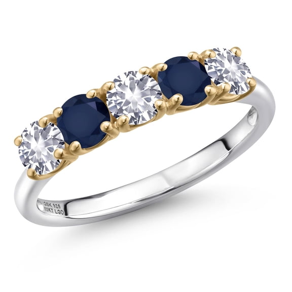 Gem Stone King 925 Silver and 10K Yellow Gold White Created Sapphire and Blue Sapphire Wedding-Bands Ring for Women | 1.45 Cttw | Round 4MM | Gemstone September Birthstone | Size 9
