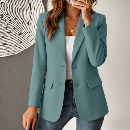 Business Casual Blazer For Women Solid Color Long Sleeve Lapel Suit Jacket Professional Work Office Coat With Pockets Elegant Womens Tops Green L