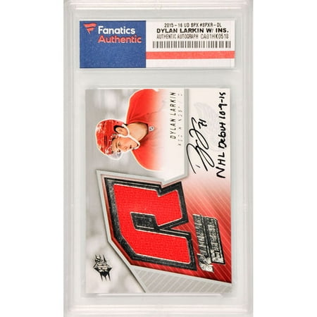 Dylan Larkin Detroit Red Wings Autographed 2015-16 Upper Deck SPX Rookie #SPRX-DL Card with NHL Debut 10-9-15 Inscription Containing a Piece of Event Worn Material - No Size