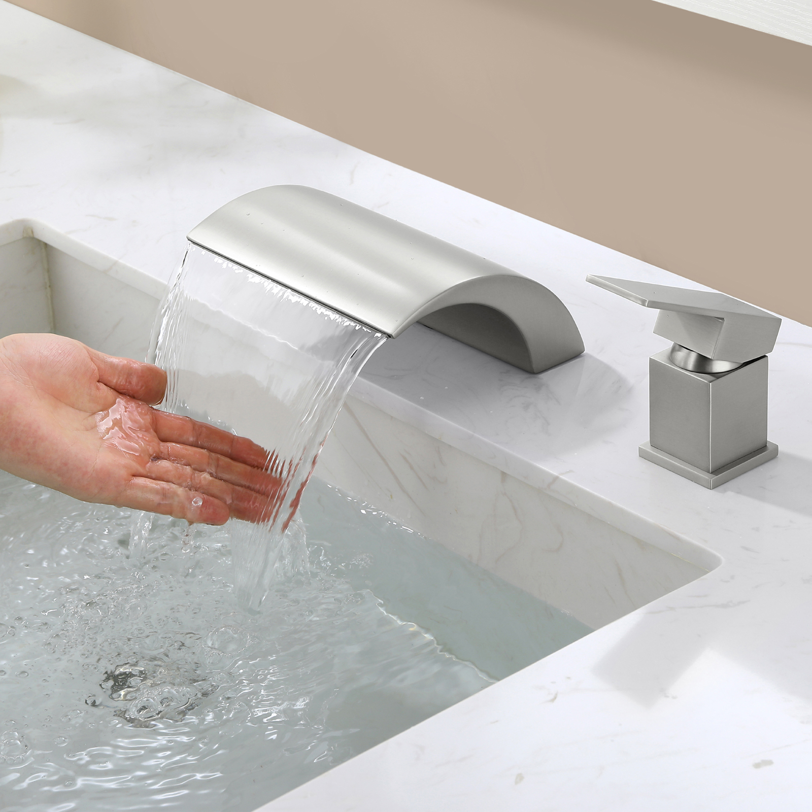 Cobbe 2-Hole Mount Bathroom Sink Faucet Single Handle Bathroom Faucet with Waterfall Spout Brushed Nickel