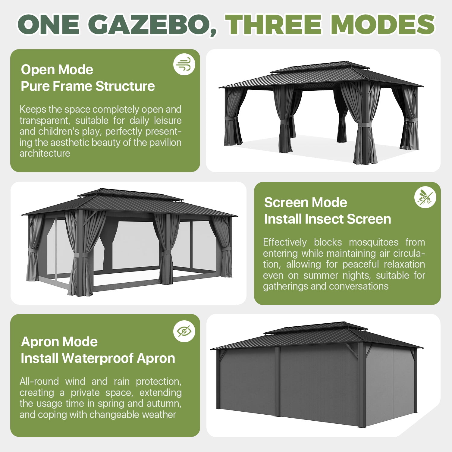 BaPiPro 12'x20' Hardtop Gazebo, Outdoor Steel Double Roof Metal Gazebo with Curtains and Nettings, Aluminum Frame Permanent Pavilion for Patio Garden Backyard, Gray