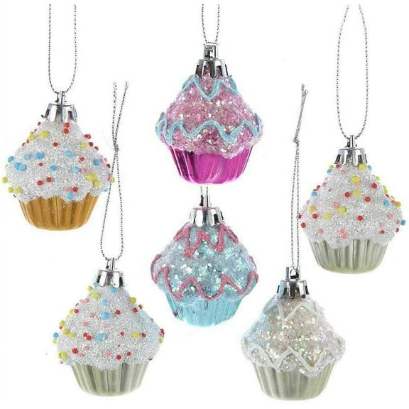 Kurt Adler Cupcake Plastic Hanging Christmas Ornaments, 2" (Set of 6)