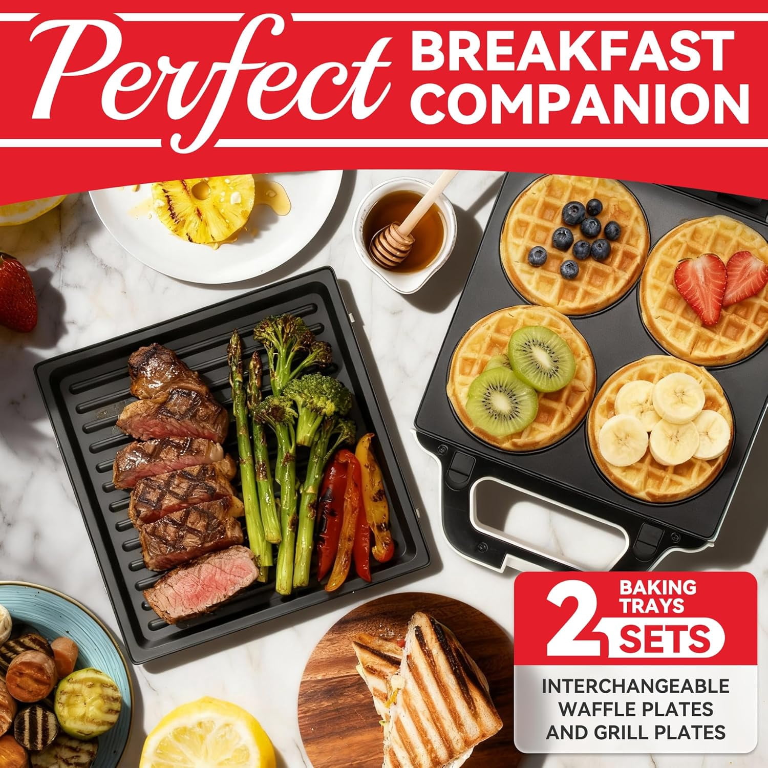 2 in 1  Waffle Maker with Removable Plates,  Press Sandwich Maker for Kids and Families, White