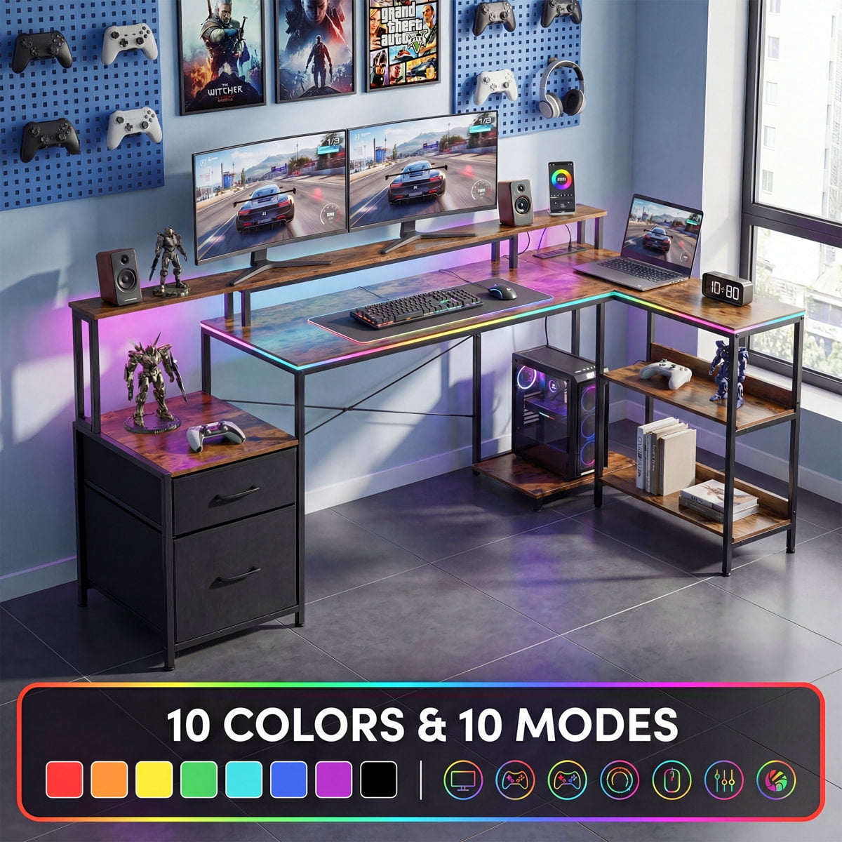 JIOABL Reversible L-Shaped Office Desk with Power Outlet, LED Light, Storage Drawer & Bookshelf, Rust