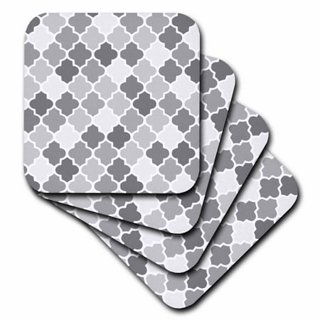 Diva Tile Coaster - 3dRose Gray quatrefoil pattern in different shades of grey - trendy Moroccan style lattice tiles, Soft Coasters, set of 4