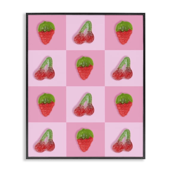 Stupell Industries Contemporary Gummy Strawberry and Cherry Checkerboard Black Framed Giclee Art, 11 x 14, by LISH Creative