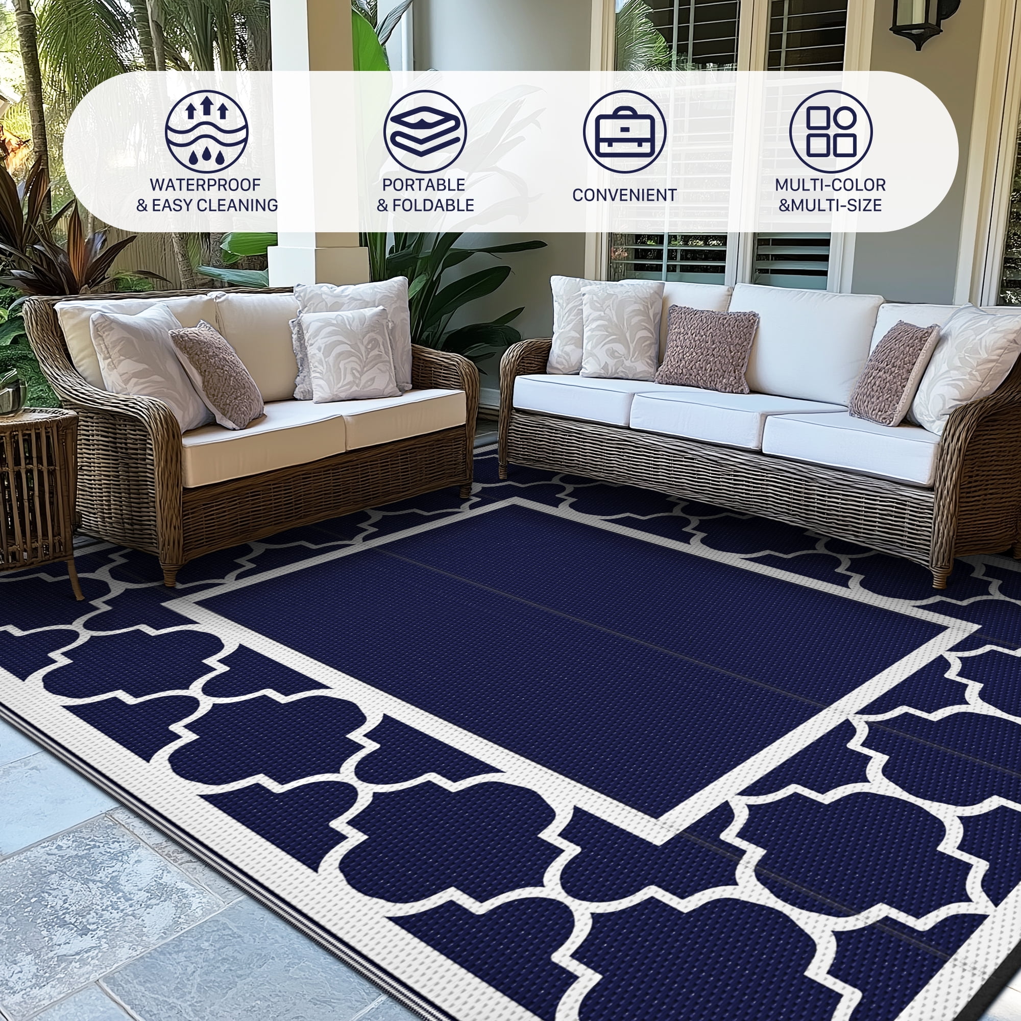 DEORAB Outdoor Rugs Waterproof Plastic Straw Mat 6'x9' Reversible Patio Deck Beach Blue & White