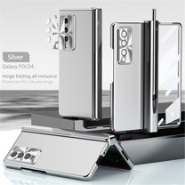 Dteck for Samsung Z Fold 4 Case with S Pen Holder & Front Screen Protector & Camera Lens Protector,Plating Hard PC Hinge Protection Folding Cover Case for Samsung Galaxy Z Fold 4 5G 7.6" Phone,Silver