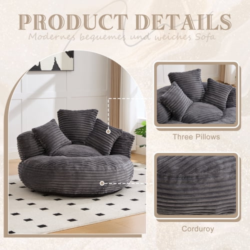 Oversized Bean Bag Chair with Armrest & 3 Pillows, Corduroy Bean Bag Sofa for Adults, High-Density Memory Foam Filling, Lazy Lounger for Bedroom, Living Room, Dorm, Dark Gray