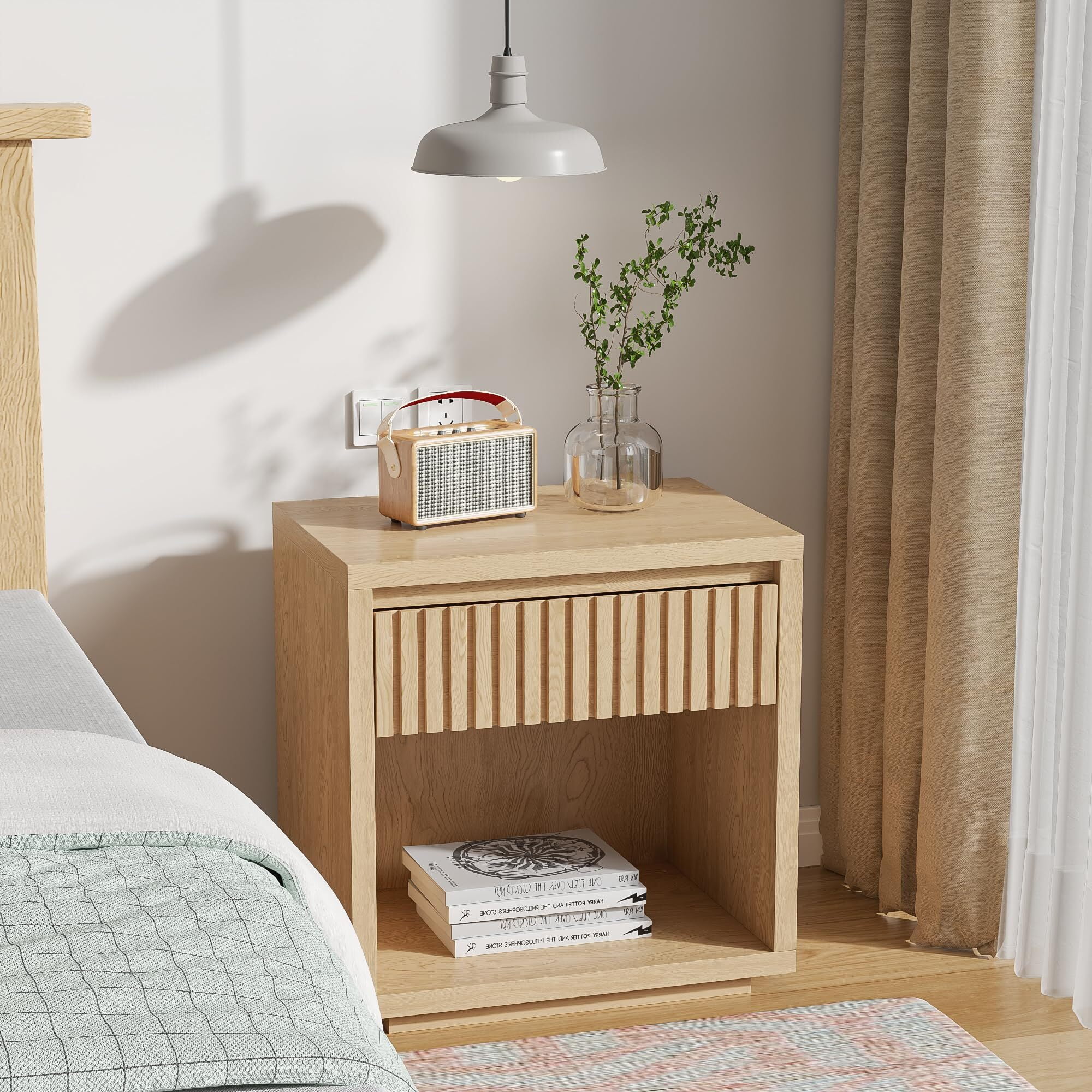 Fluted Nightstand with Drawer Storage, Mid Century Bedside End Table for Bedroom, Wood, 1 pcs