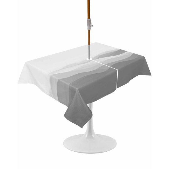 Outdoor Table Cloth with Umbrella Hole and Zipper, Grey Ombre Waterproof Rectangle Tablecloth 54"x80", Summer Minimalist Ocean Waves Washable Table Cover for Outside Party Patio Picnic