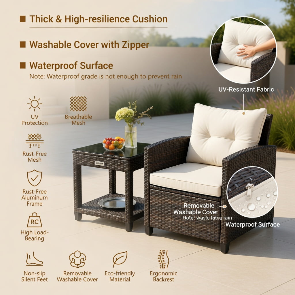 Hommoo 3-Piece Outdoor Rattan Patio Furniture Set with Cushions, Wicker Conversation Set Including 2 Chairs & 1 Coffee Table, White