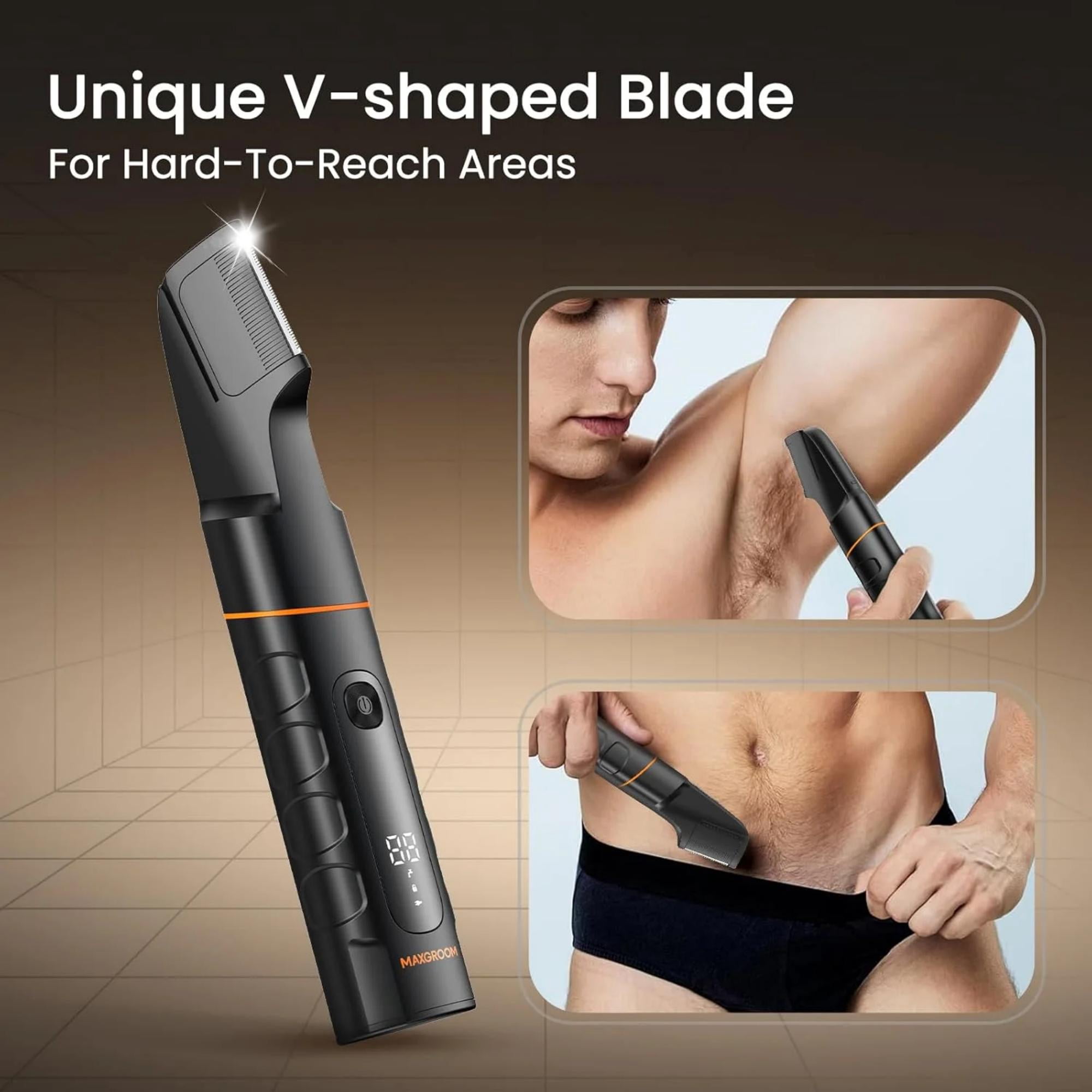 Manscape All-in-One Body & Pubic Hair Trimmer for Men, V-Shaped No-Nick Groin & Ball Shaver, Waterproof Mens Electric Grooming Kit with LED Display, Type-C Rechargeable , Charging Dock