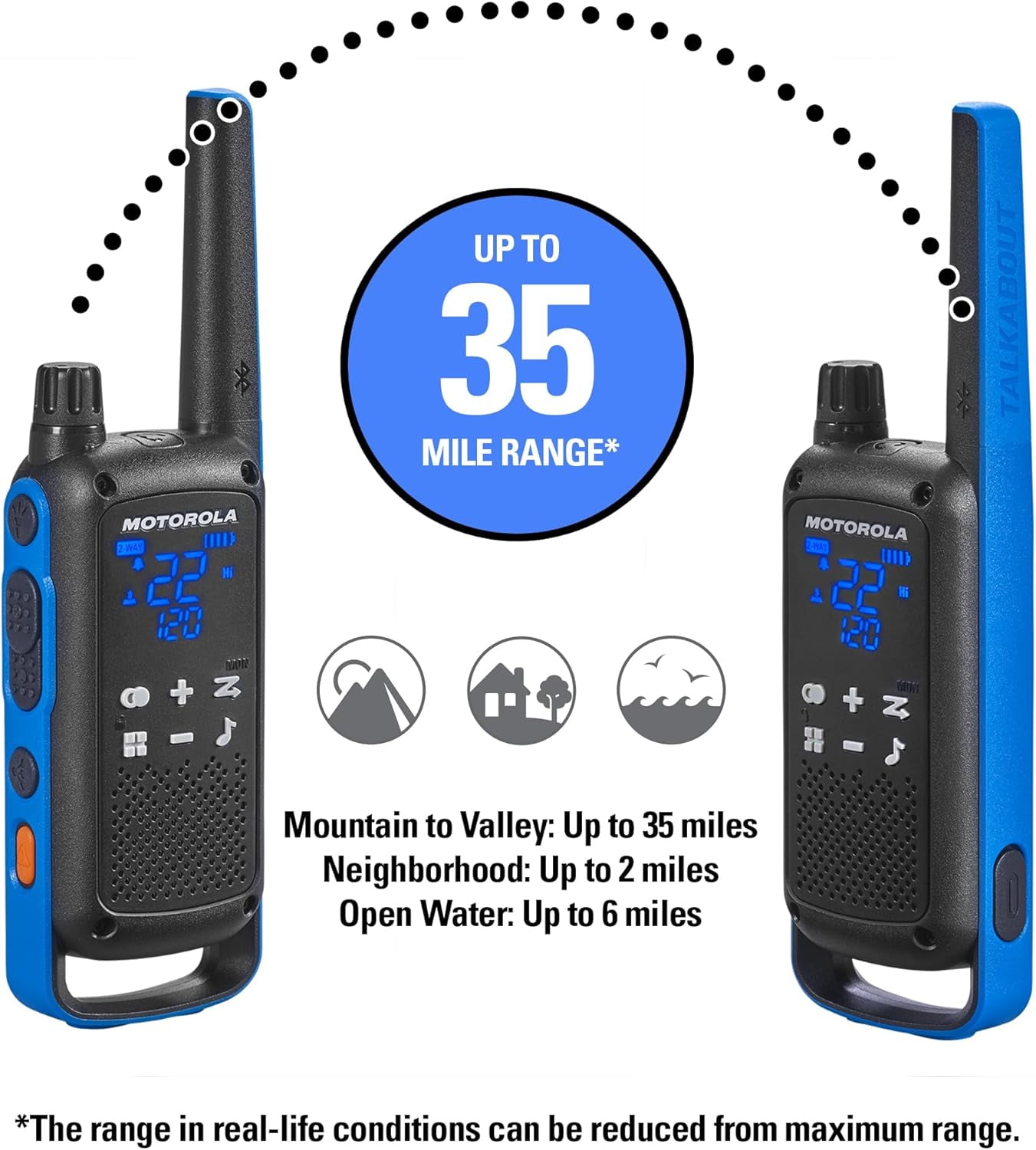 Motorola Solutions, Portable FRS, T802, Talkabout, Two-Way Radios Walkie Talkie Emergency Preparedness, Rechargable, 22 Channel, 35 Mile, Black W/Blue, 2 Pack